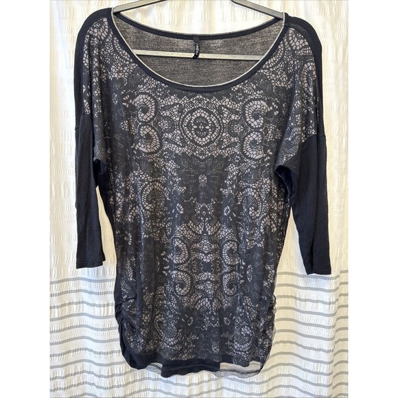 Edista‎ Y2k 3/4 Sleeve Sheer Lace Blouse Large Black Tan Gothic Fairy Grung Usa - Picture 1 of 7